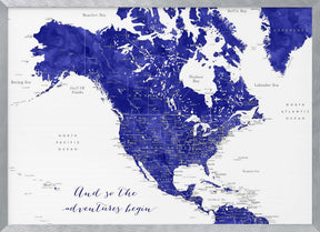 Adventure map of North America in cobalt blue Poster