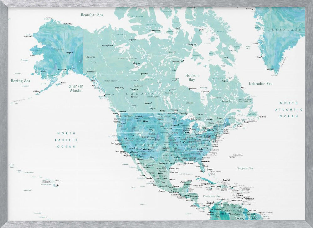 Map of North America in aquamarine watercolor Poster