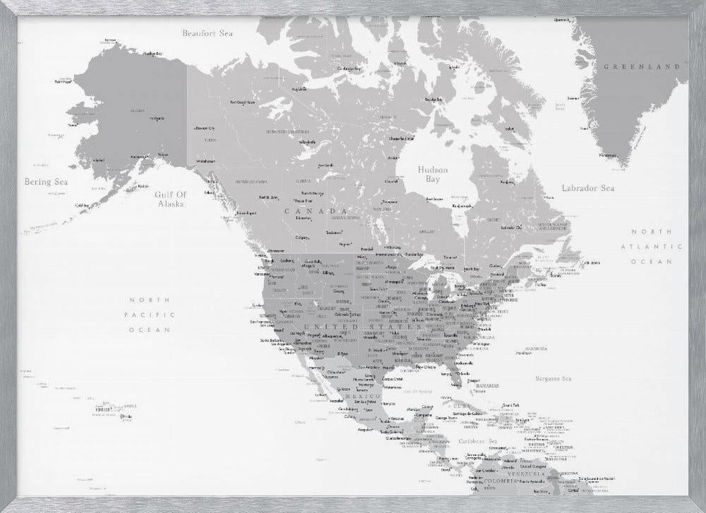 Gray map of North America with cities Poster