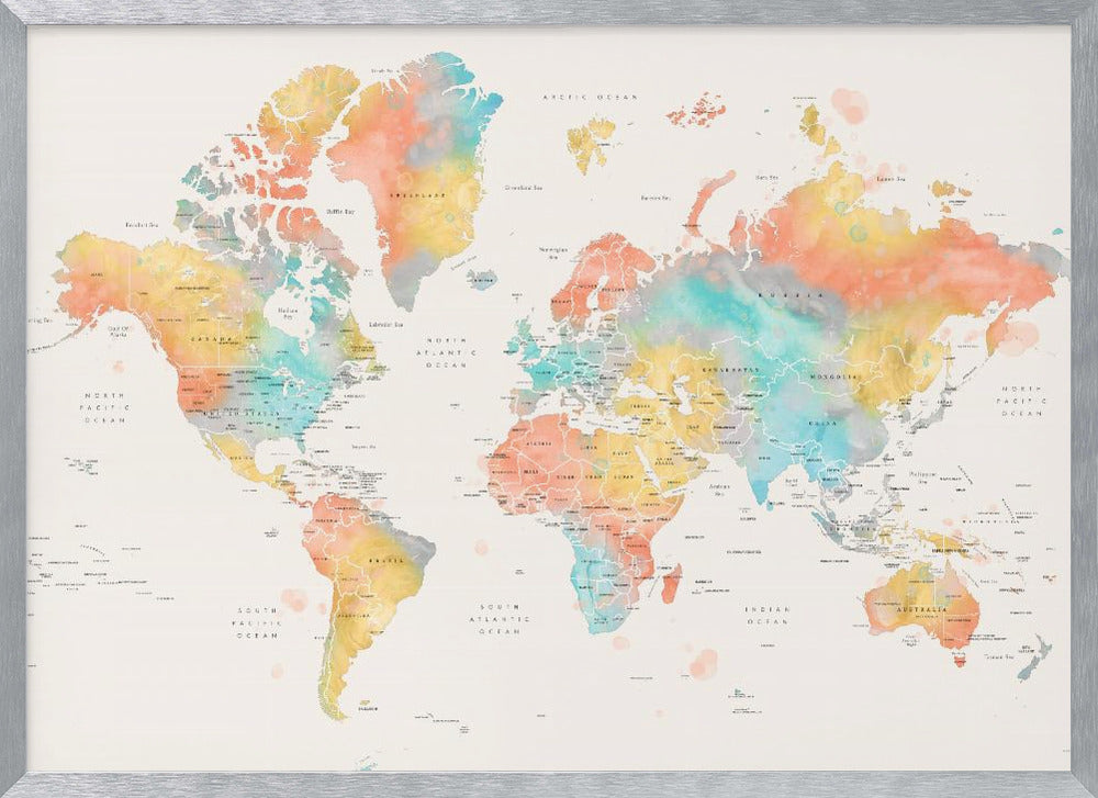 Watercolor world map with countries, Fifi Poster