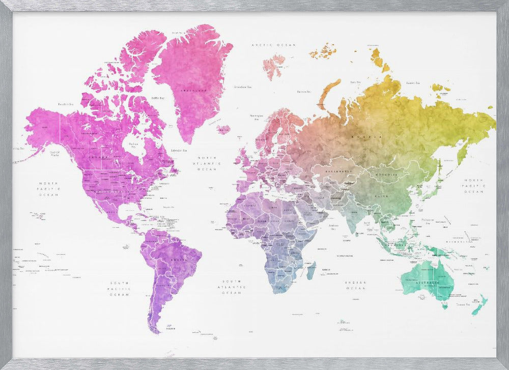 Watercolor world map with countries, Leo Poster