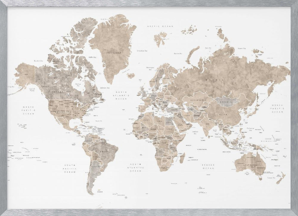 Watercolor world map with countries, Abey Poster