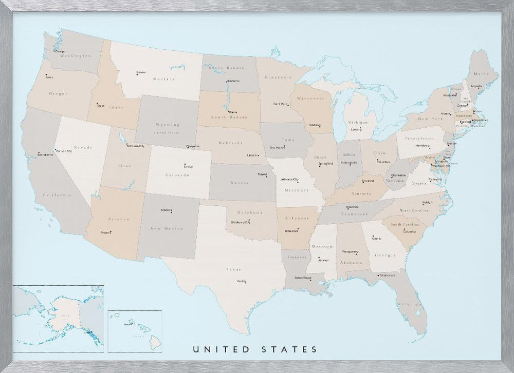 Isolated map of the United States with States and State capitals Poster