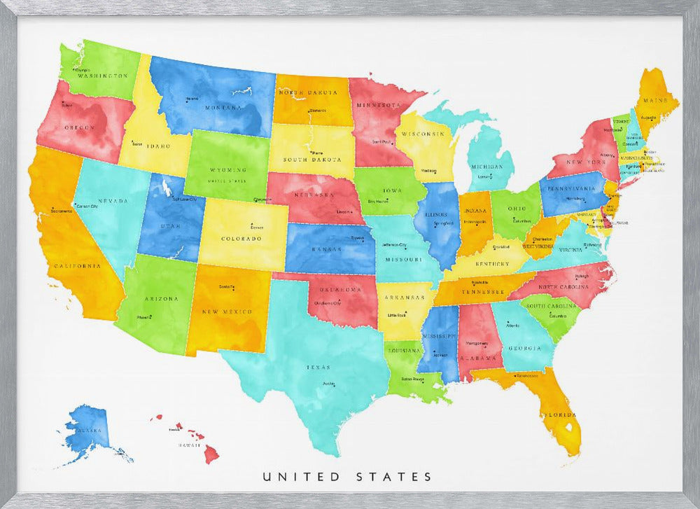 Colorful map of the United States with States and State capitals Poster