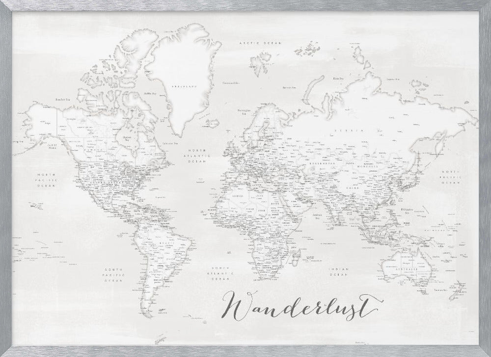 Wanderlust, detailed world map with cities, Maeli white Poster