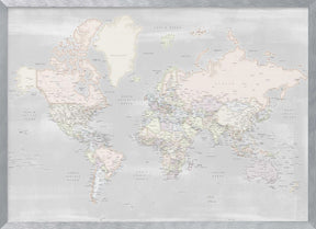 Detailed world map with cities, Maeli pastels Poster