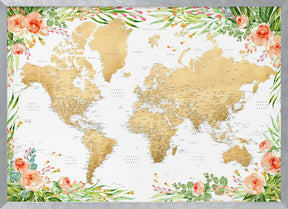 Floral bohemian world map with cities, Blythe Poster