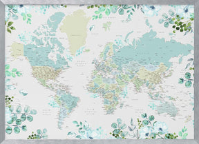 Detailed world map with cities and florals, Marie Poster