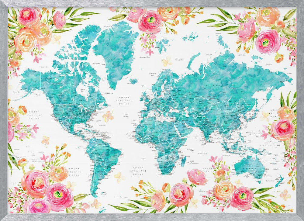 Detailed floral world map with cities, Haven Poster