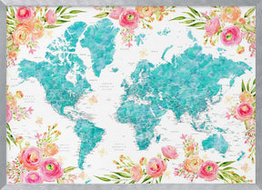 Detailed floral world map with cities, Haven Poster