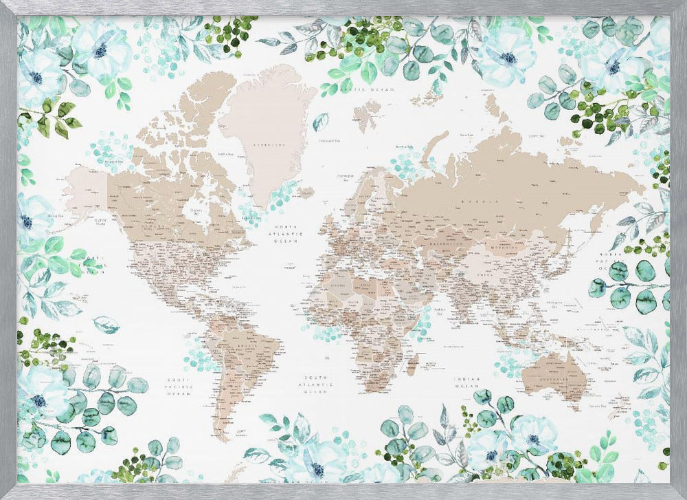 Detailed floral world map with cities, Leanne Poster