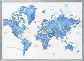 Blue watercolor world map with cities, Simeon Poster