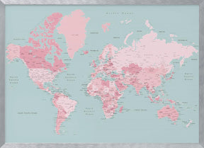 Pink and aqua world map with cities, Isobel Poster