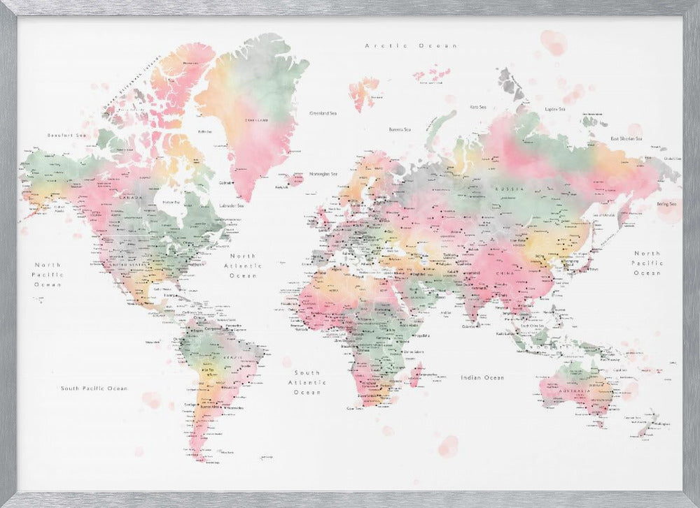 Pastel watercolor world map with cities, Anjah Poster