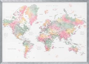 Pastel watercolor world map with cities, Anjah Poster