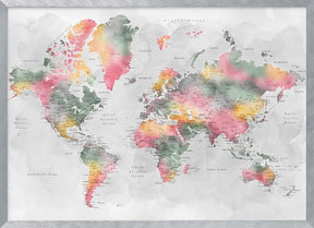 Watercolor world map with cities, Zadie Poster