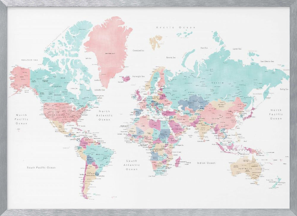 Distressed pastels world map with cities, Carmen Poster