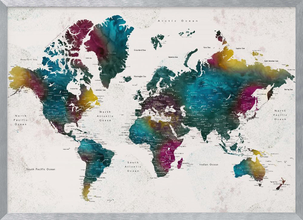 Watercolor world map with cities, Charleena Poster