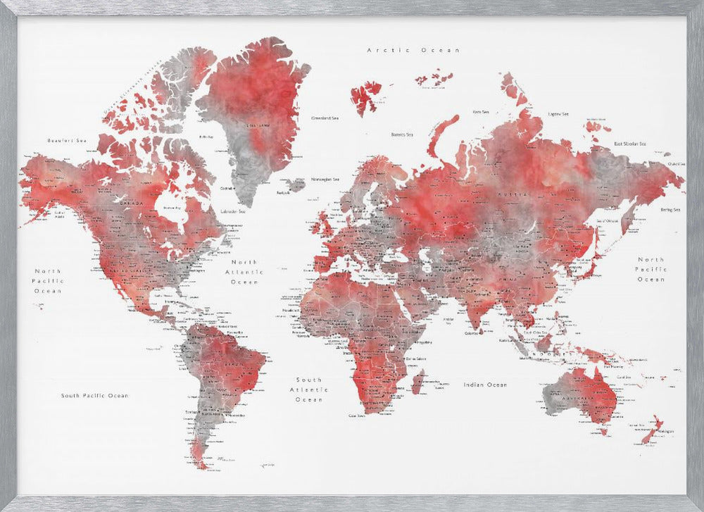 Red world map with cities, Lyssah Poster