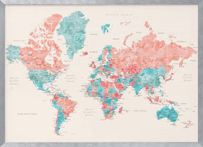 Watercolor world map with cities, Charlotte Poster