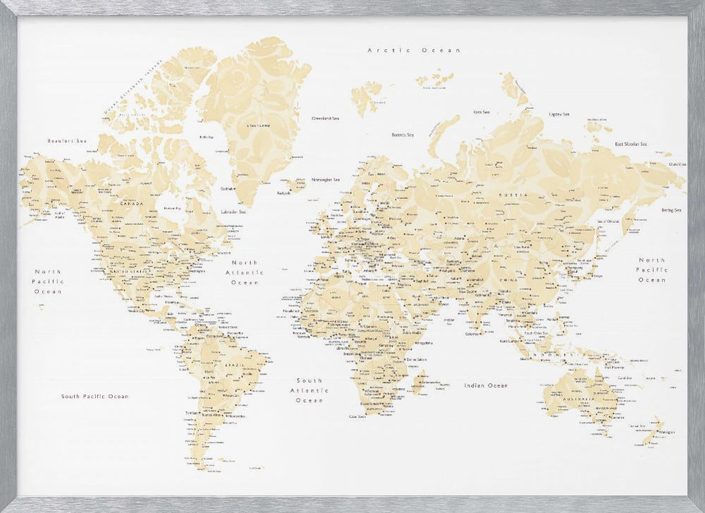 Soft florals world map with cities, Remy Poster