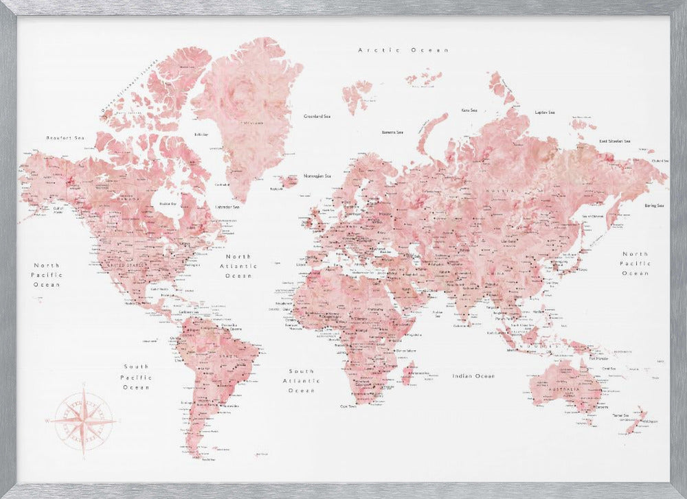 Pink watercolor world map with cities, Alheli Poster