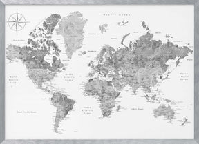 Grayscale watercolor world map with cities, Rylan Poster