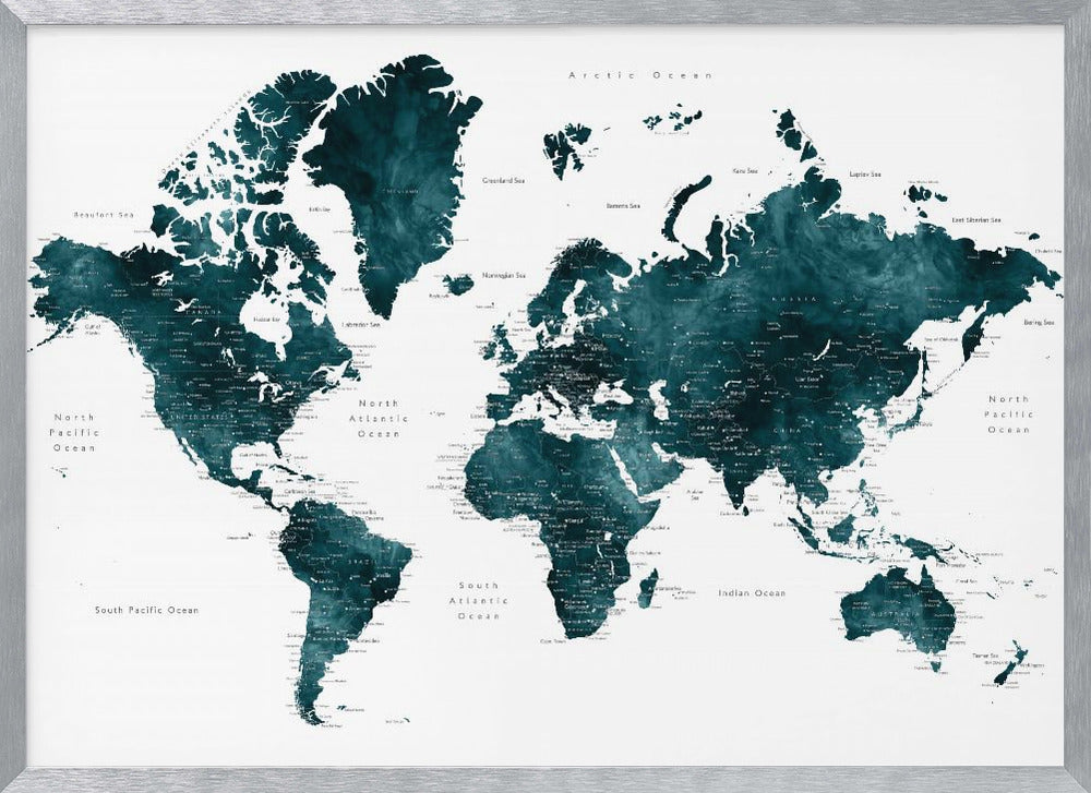 Dark teal world map with cities, Makani Poster