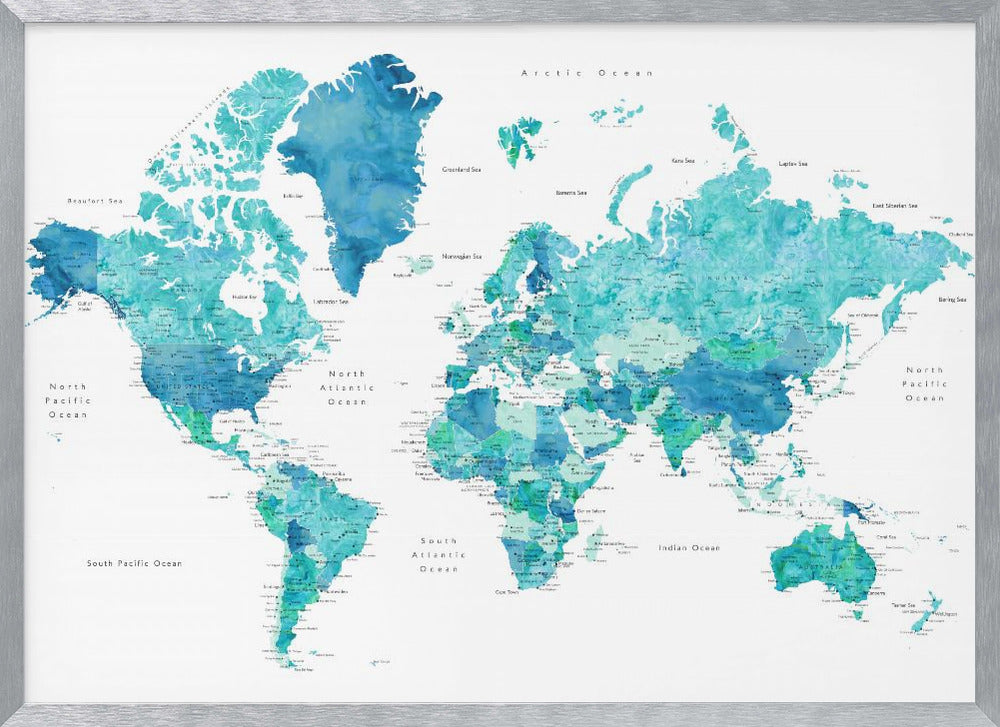 Watercolor world map with cities, Uzziel Poster