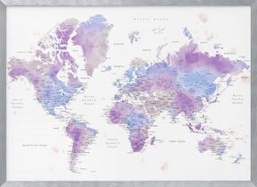 Watercolor world map with cities, Gina Poster