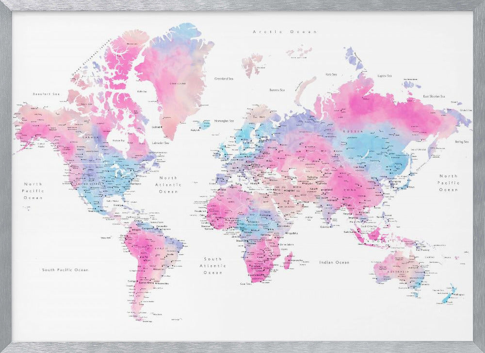 Watercolor world map with cities, Keahi Poster