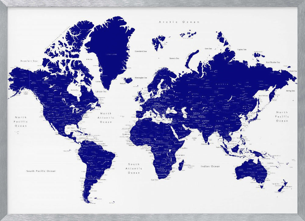 Navy blue world map with cities, Nevin Poster