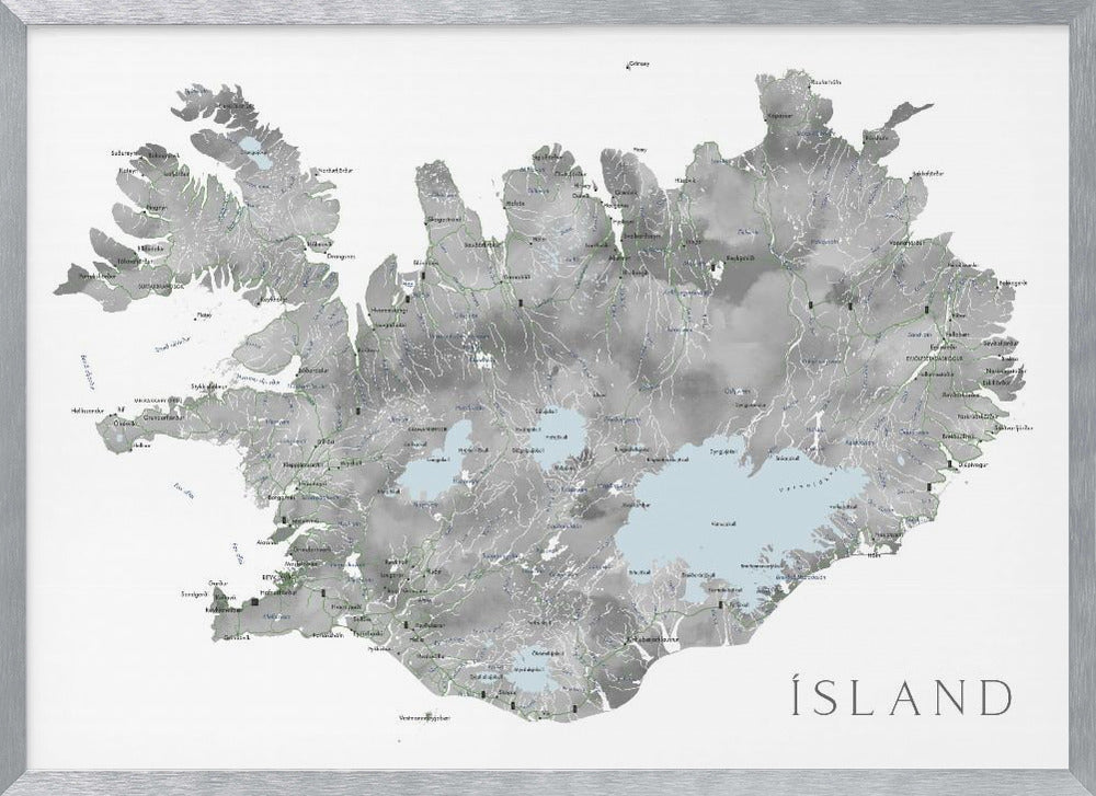 Island - Iceland map in gray watercolor with native labels Poster