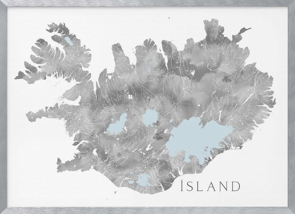 Ísland - Iceland blank map in gray watercolor Poster