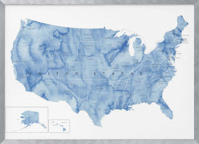 Blue watercolor map of the USA with states and state capitals Poster