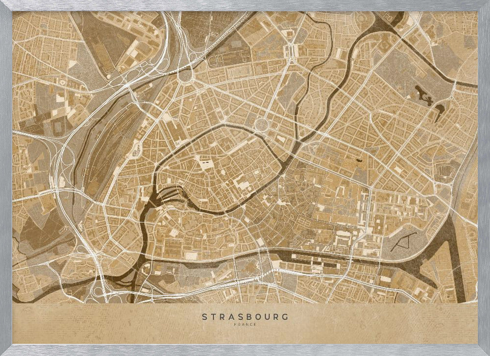 Sepia vintage map of Strasbourg downtown France Poster