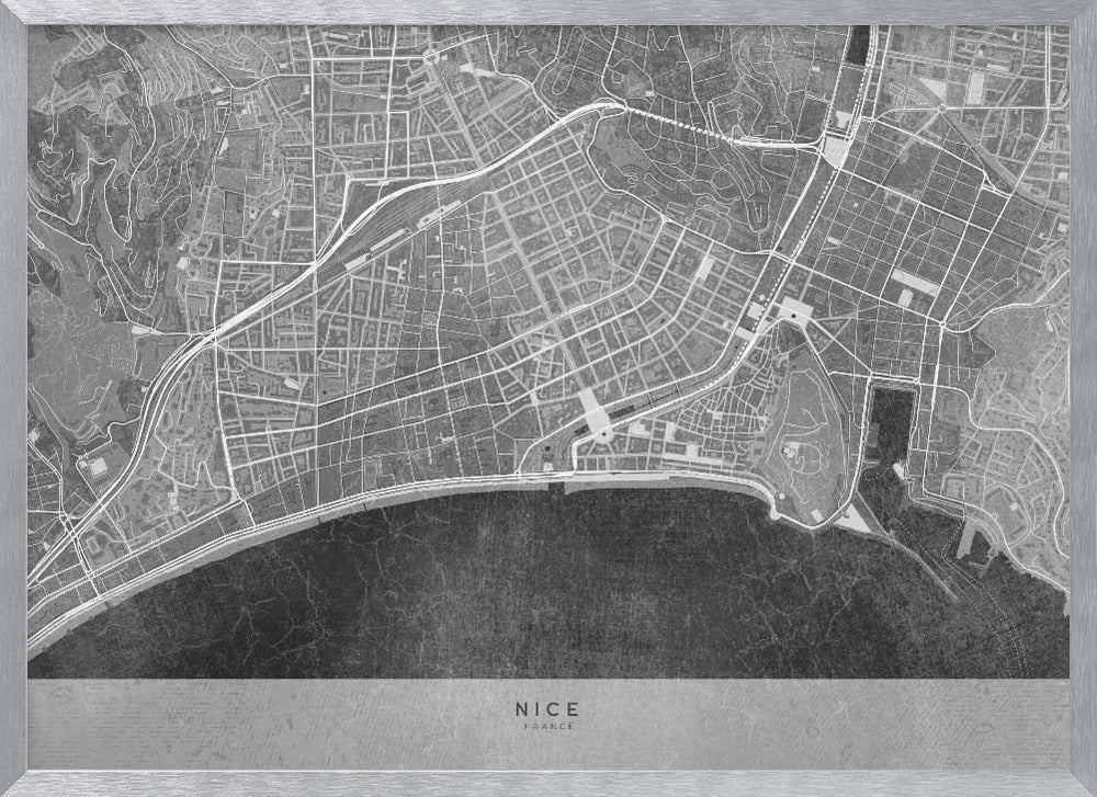 Gray vintage map of Nice downtown France Poster