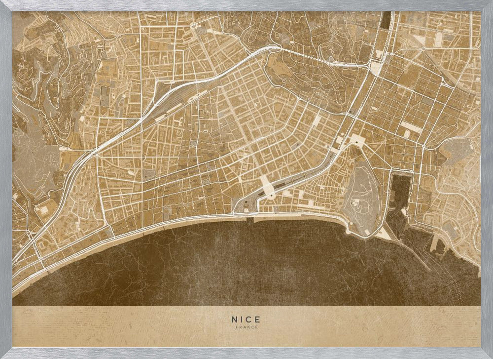 Sepia vintage map of Nice downtown France Poster