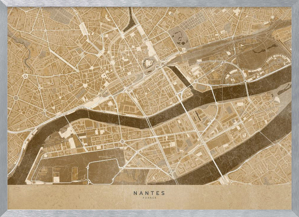 Sepia vintage map of Nantes downtown France Poster