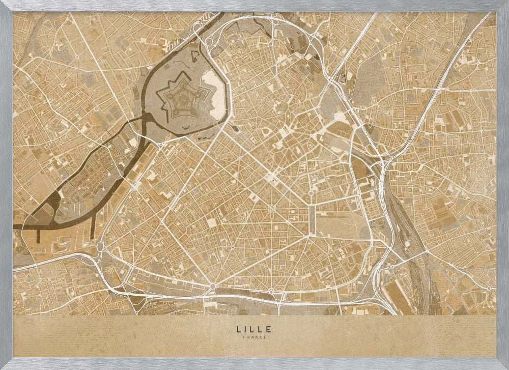 Sepia vintage map of Lille downtown France Poster