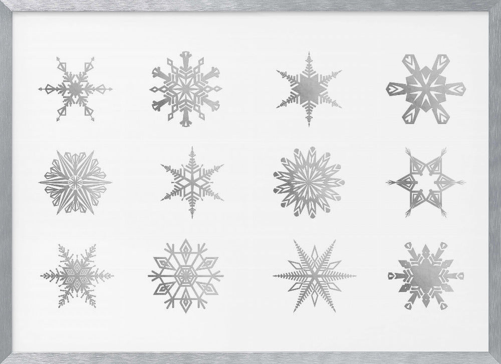 Twelve geometric snowflakes in gray Poster