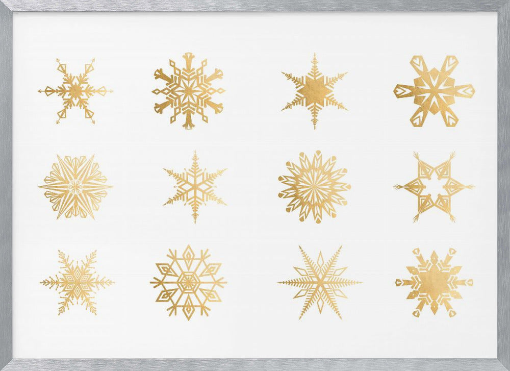 Twelve geometric snowflakes in gold Poster