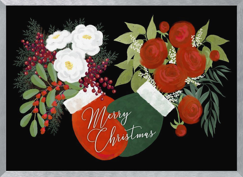 Floral mittens Merry Christmas in black Poster