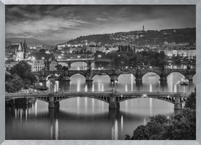 Evening view over the Vltava bridges in Prague - Monochrome Poster