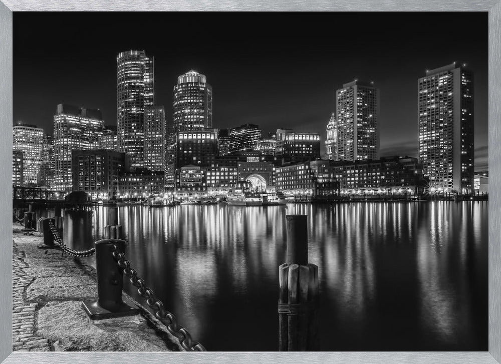 BOSTON Fan Pier Park &amp; Skyline at night - monochrome Poster