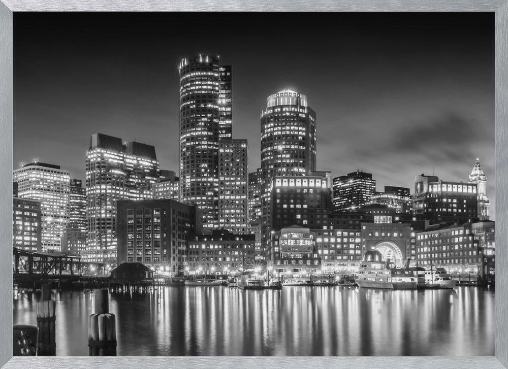 BOSTON Fan Pier Park &amp; Skyline in the evening - Monochrome Panoramic Poster