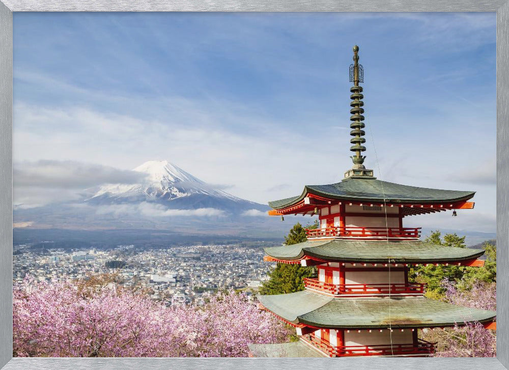 Magnificent view of Mount Fuji with Chureito Pagoda during cherry blossom season Poster