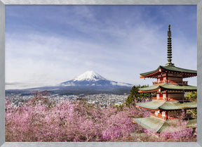 Magnificent panoramic view of Mount Fuji with Chureito Pagoda during cherry blossom season Poster