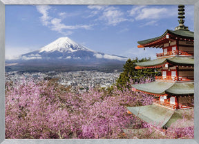 Gorgeous panoramic view of Mount Fuji with Chureito Pagoda during cherry blossom season Poster