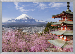 Picturesque view of Mount Fuji with Chureito Pagoda during cherry blossom season Poster